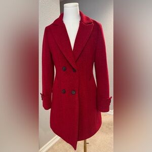 Red Boucle Double-Breasted Wool Slim Shaping Quilted Lined Pea Coat Over Coat